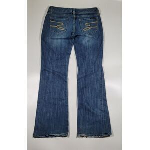 Seven7 Flare Jeans Women's Size 29 (30x30) Dark Wash Blue Denim Distressed Hems